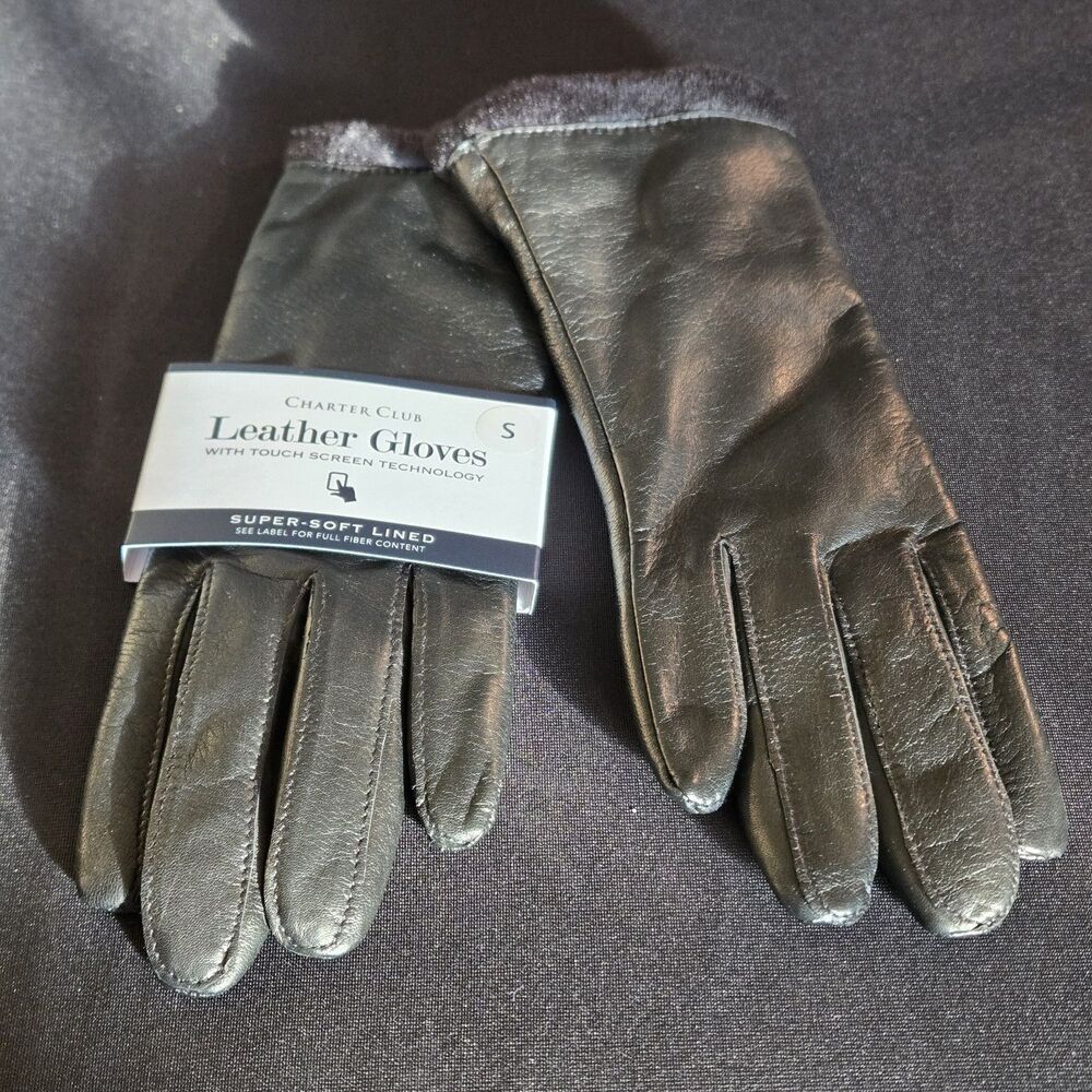 Women's Charter Club Leather Black Gloves Size S Fleece Lined Touch Screen Tech